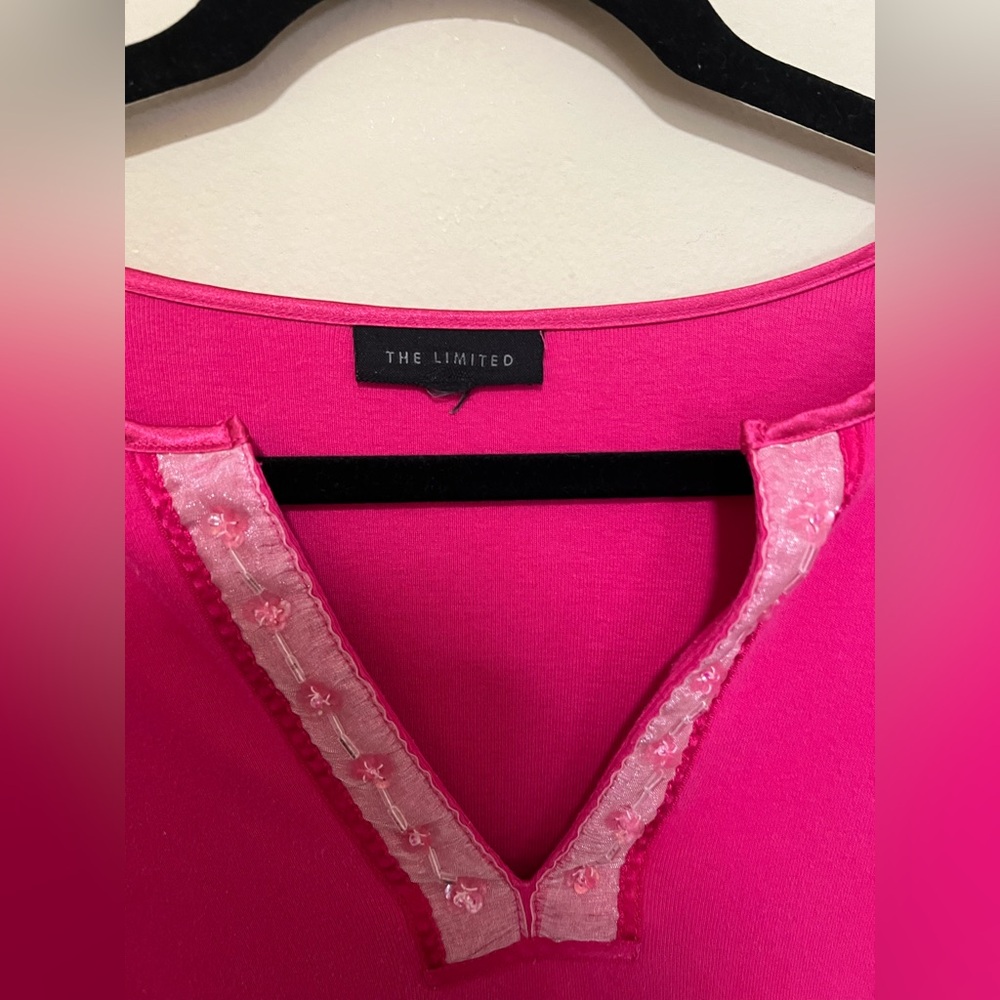 The Limited Y2K Top L Mesh Floral Sequin Neck Satin Trim Pink Barbie Preppy - Picture 3 of 8